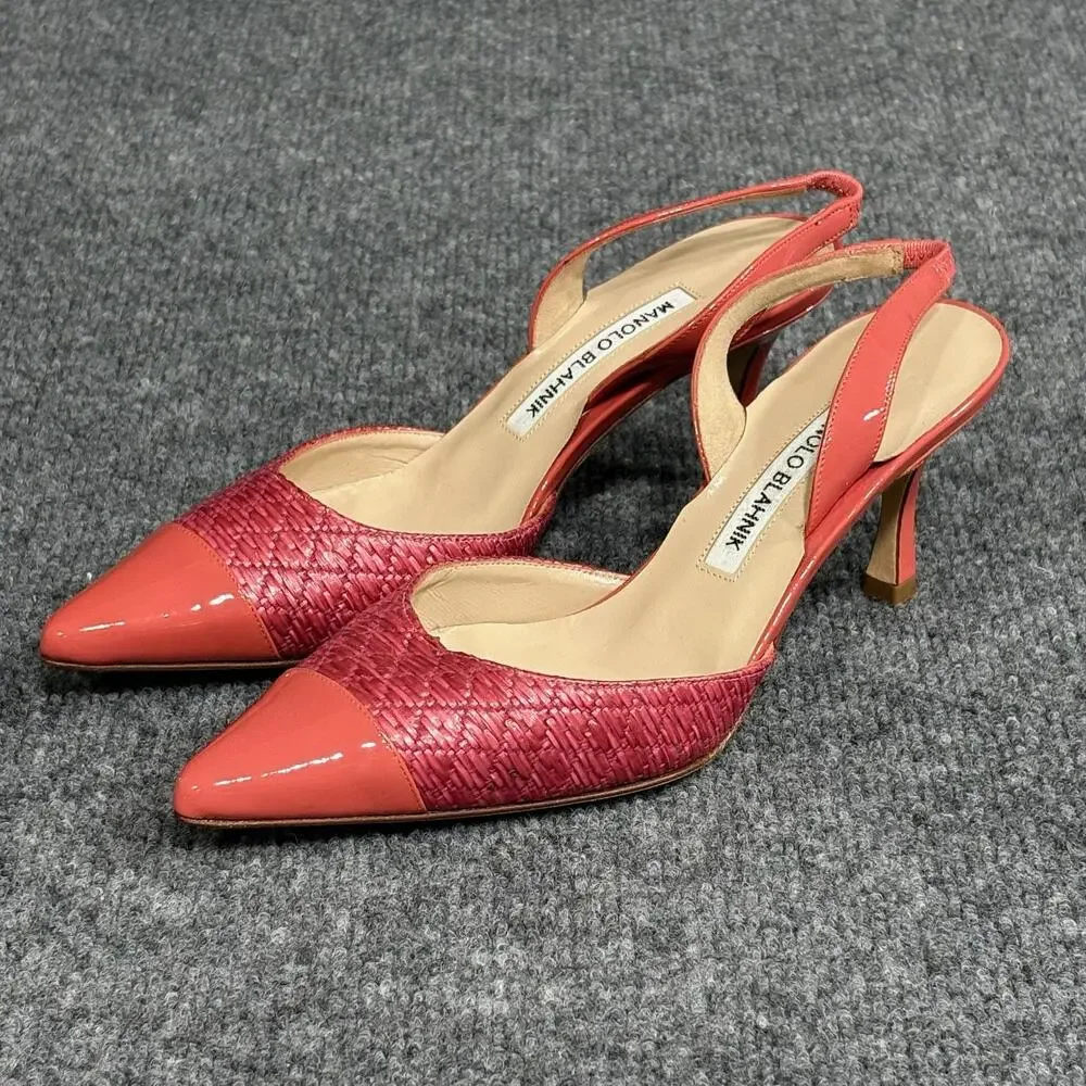 Manolo Blahnik Slingback Heels Womens 5 Pink Capsli Raffia Leather Italy Shoes